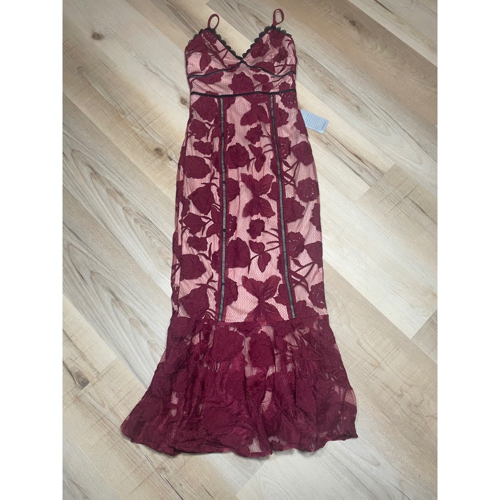 Lulus Alluring Dream Floral Mesh Lace Midi Dress Burgundy XS NWT